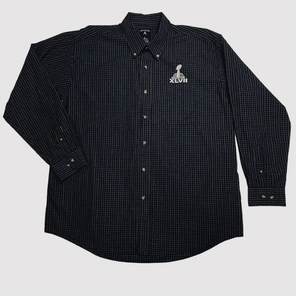 NFL Super Bowl XLVII ANTIGUA Esteem Dress Shirt Men's XL Navy Check Button‎ Down